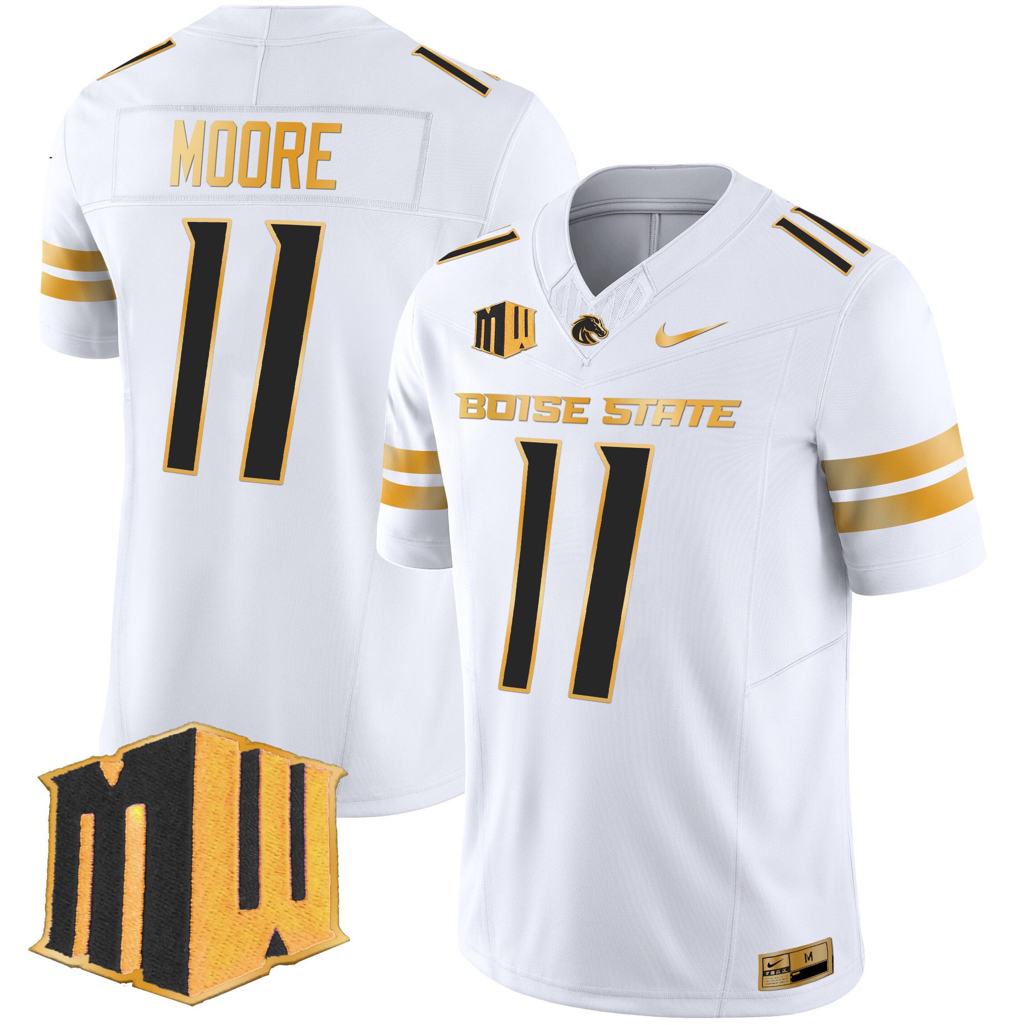 Men Boise State Broncos 11 Moore White Nike 2024 Gold Vapor Limited NCAA Jersey